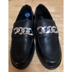 AK ANNE KLEIN Eunice Penny Loafers Chunky Lug Chain Accent Black Women's 6 1/2 6